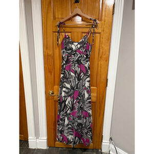 Trina Turk Silk Blend Tie Strap Maxi Dress Size 4 Black White Pink Leaf Print